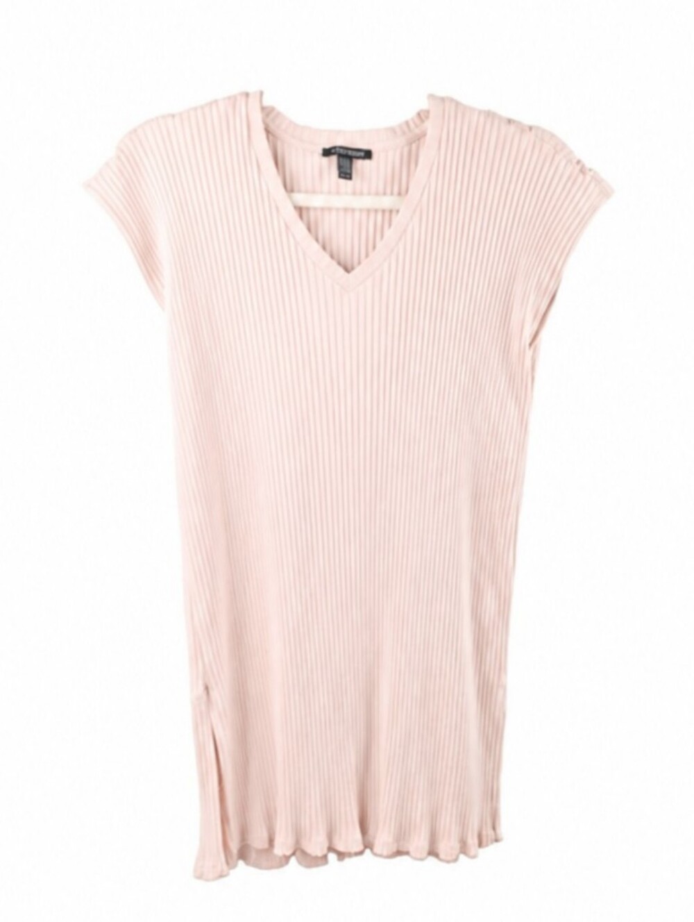 Minimalist Eileen Fisher Light Pink Ribbed Tunic Top Made in USA V-Neck Size M